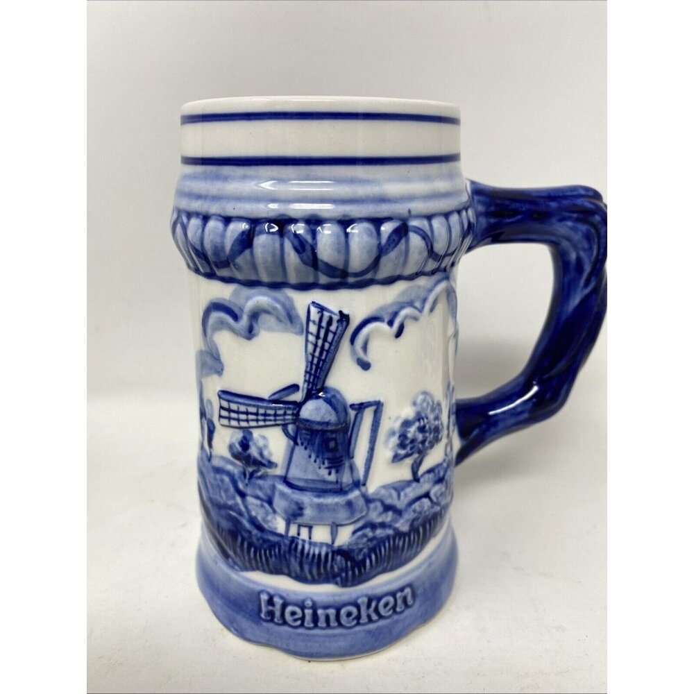 Vintage Delft Blue Dutch Holland Heineken Beer Mug Windmills Hand Painted 1984